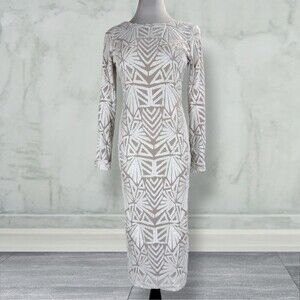 Dress the Population Emery Stretch Sequin Midi Sheath Size L White Geometric